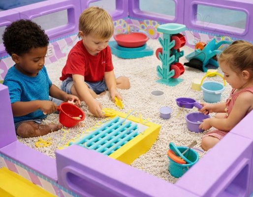 Children playing with colorful toy kitchen dishes