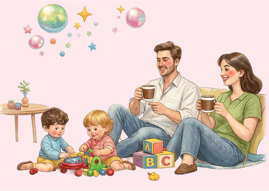 Illustrated family sitting together on the floor playing with blocks and toys